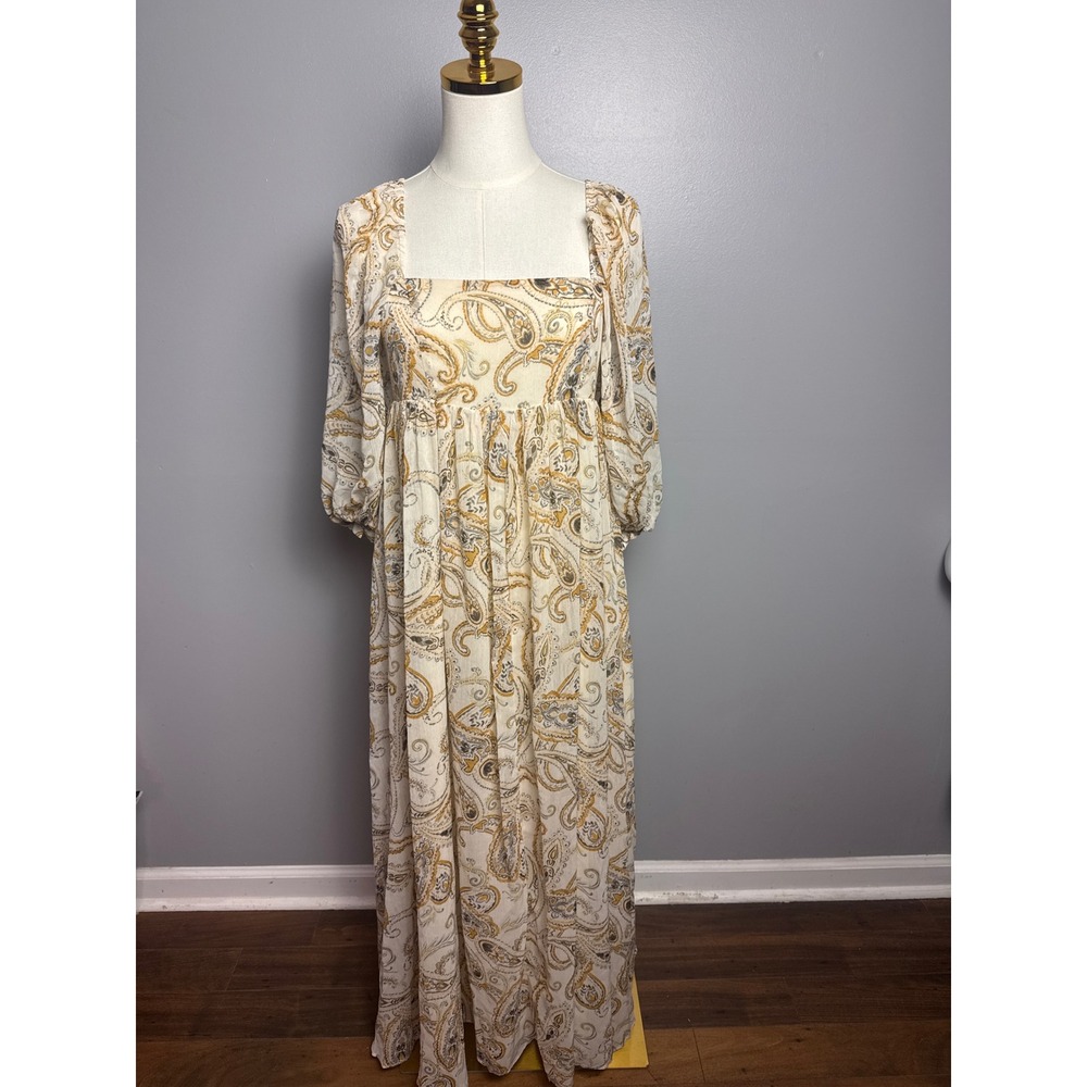 Storia Paisley Maxi Dress Womens Small Cream Yellow Excellent Boho Puff Sleeve